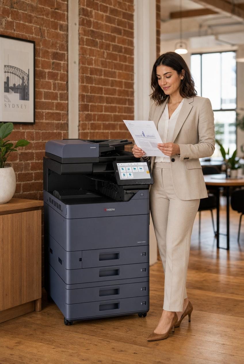 Business professional reviewing a document beside a Kyocera multifunction office printer, with a Sydney skyline print on the brick wall behind her