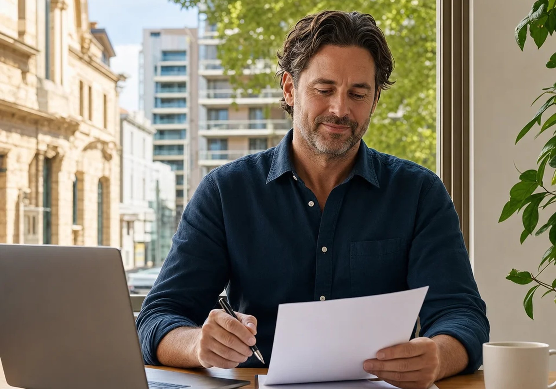 Adelaide business owner reviewing a printer lease contract and invoices