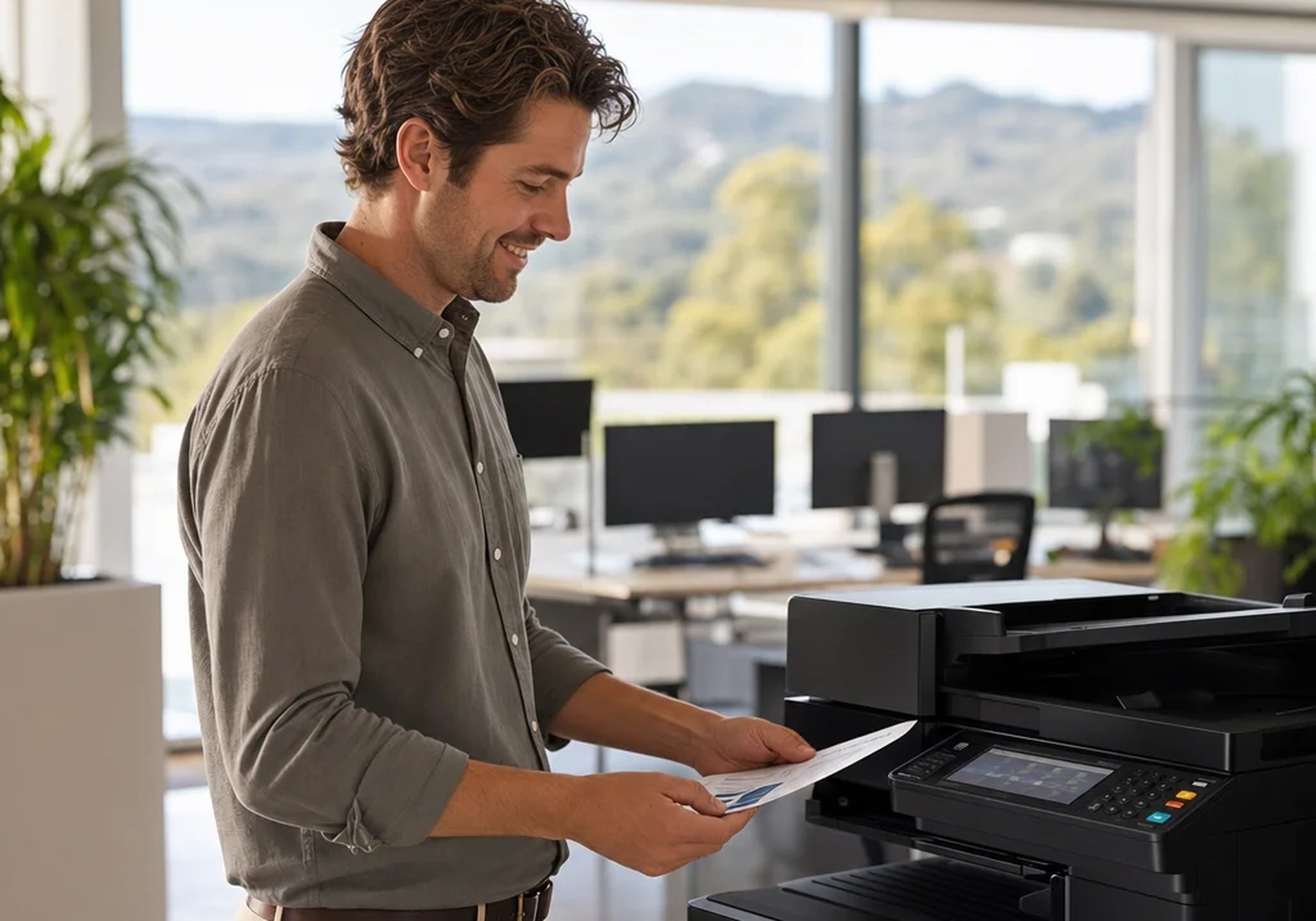 Office worker collecting documents from a multifunction printer in an Adelaide office