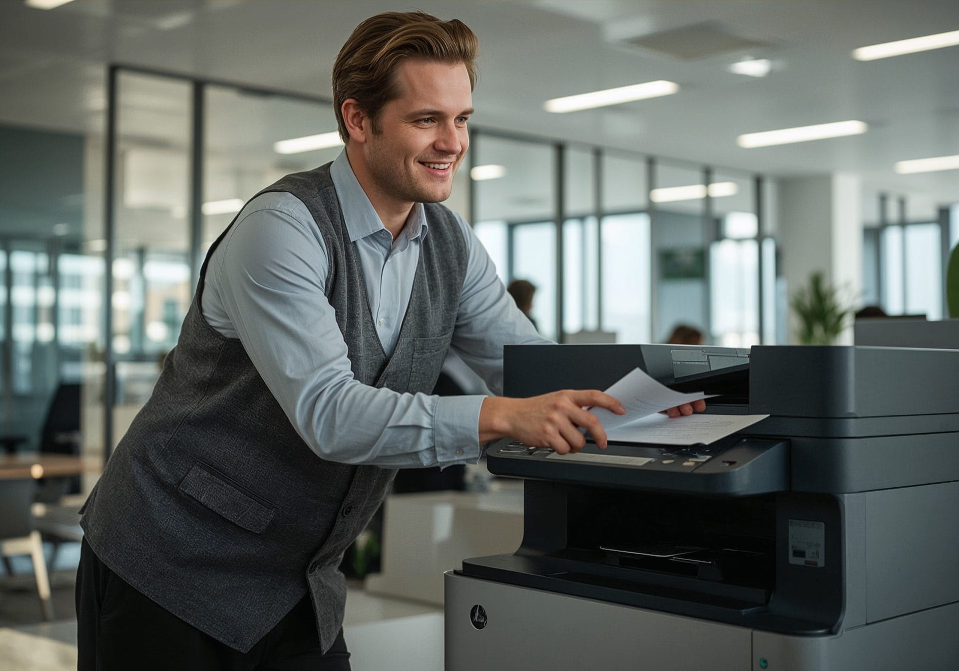 Office worker collecting documents from a multifunction printer in a Melbourne office