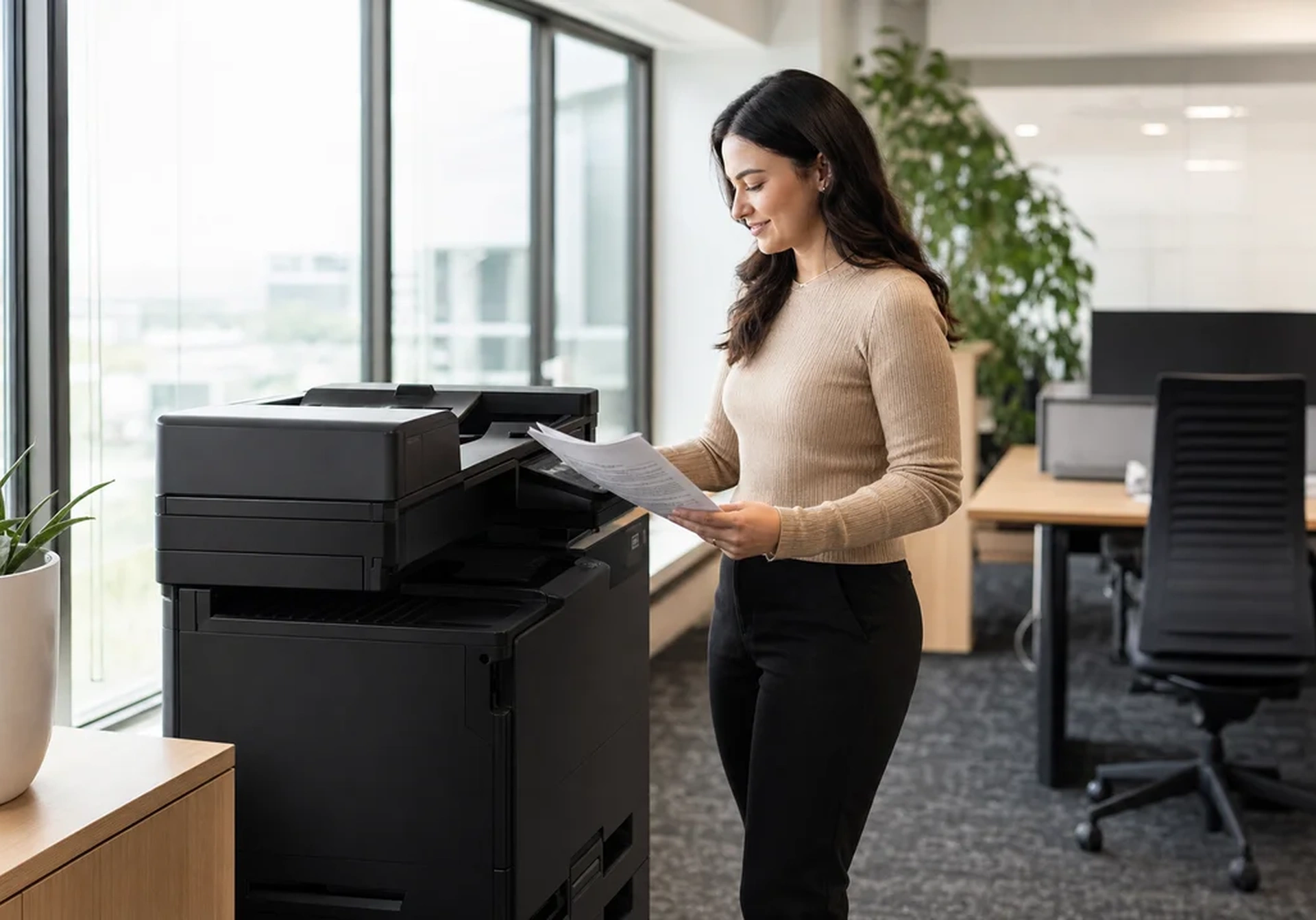 Office worker collecting documents from a multifunction printer in a Perth office