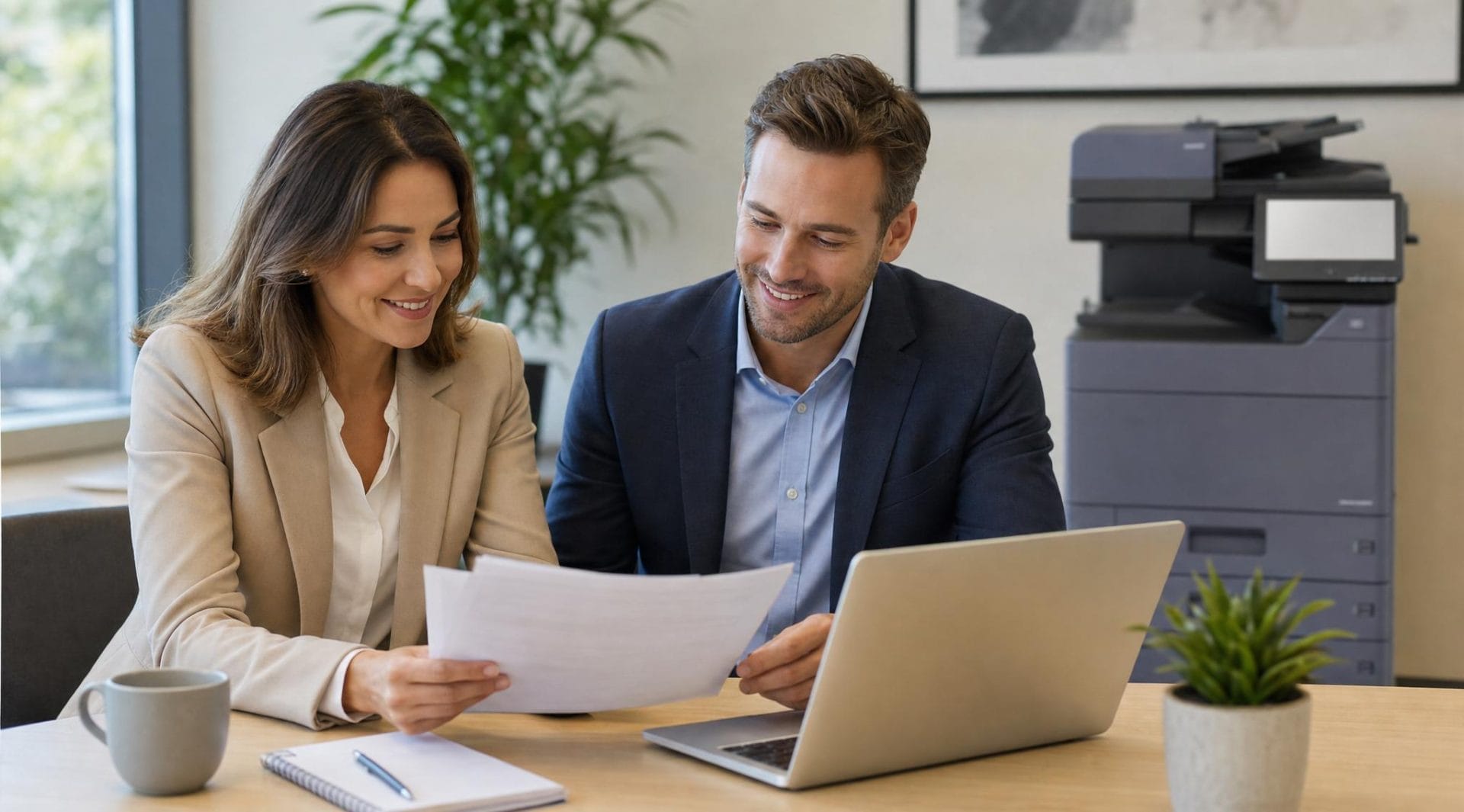 Two business professionals reviewing printing costs, office multifunction printer behind them
