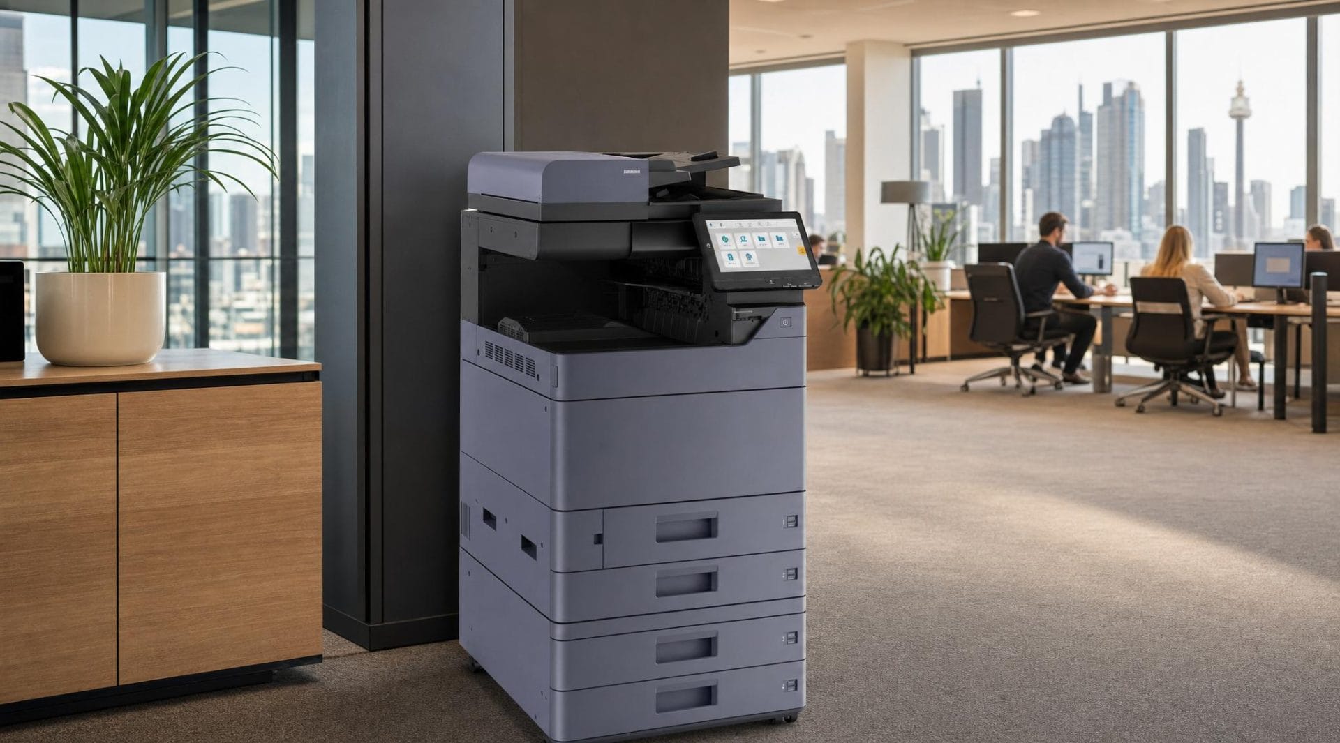 Multifunction office printer in a busy modern Australian office with a city skyline