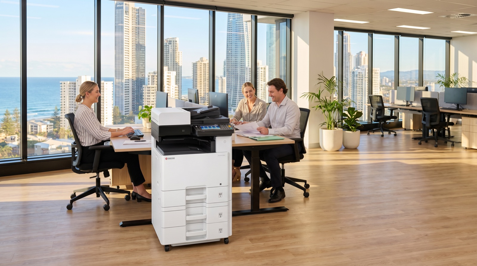 Multifunction office printer in a busy modern Gold Coast office with a city skyline