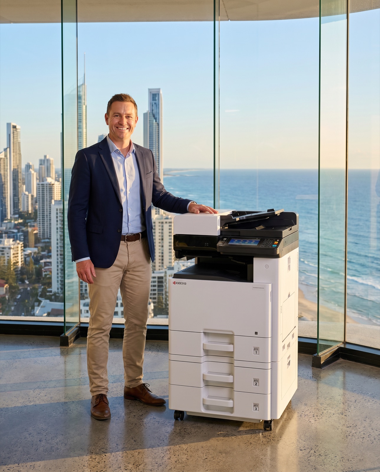 Business professional with a Kyocera multifunction printer in a Gold Coast office printer