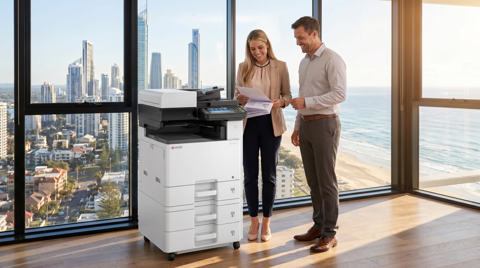 Two Gold Coast business professionals reviewing printing costs, office multifunction printer behind them