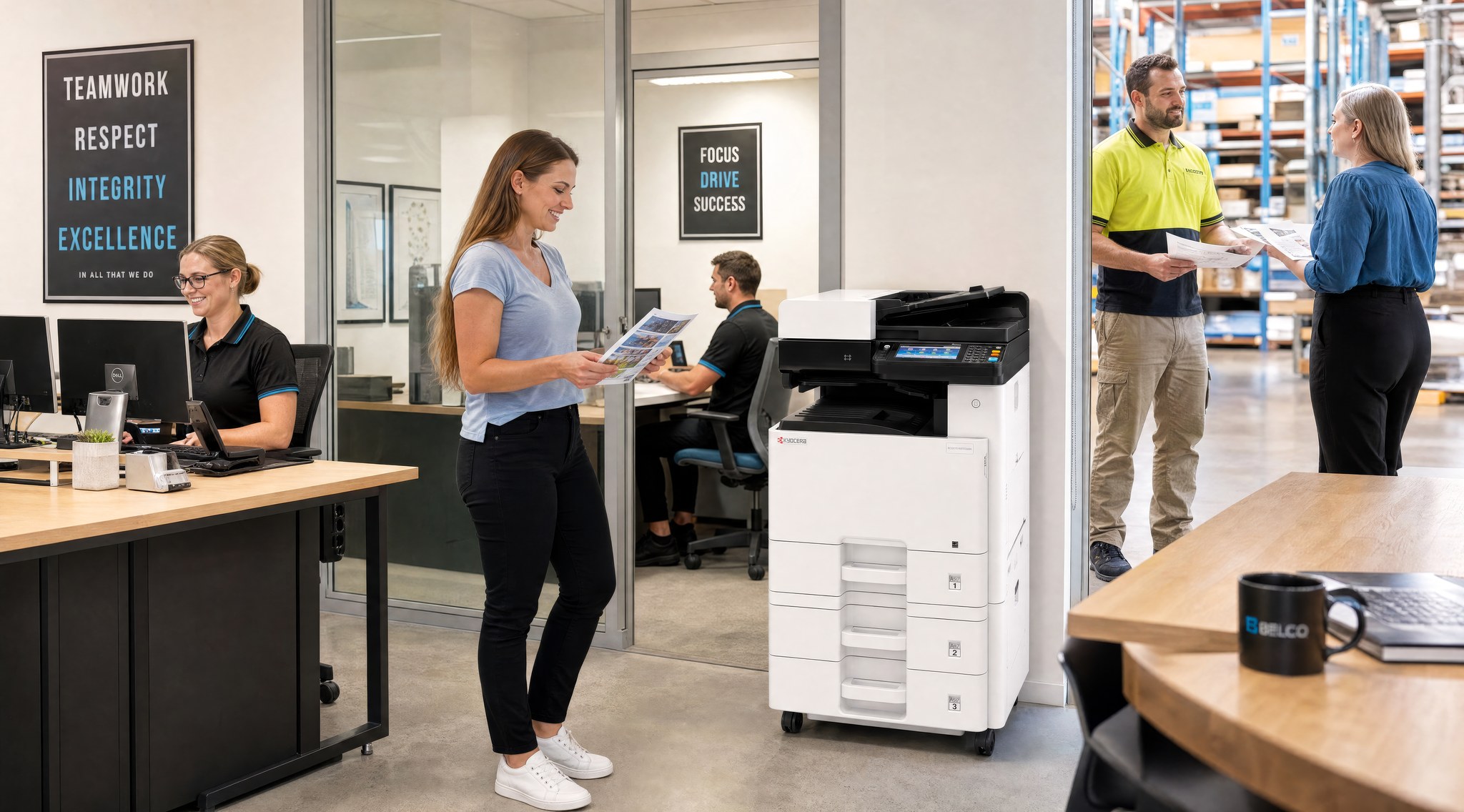 A busy Nerang workplace with happy staff and a warehouse team using a Kyocera multifunction printer