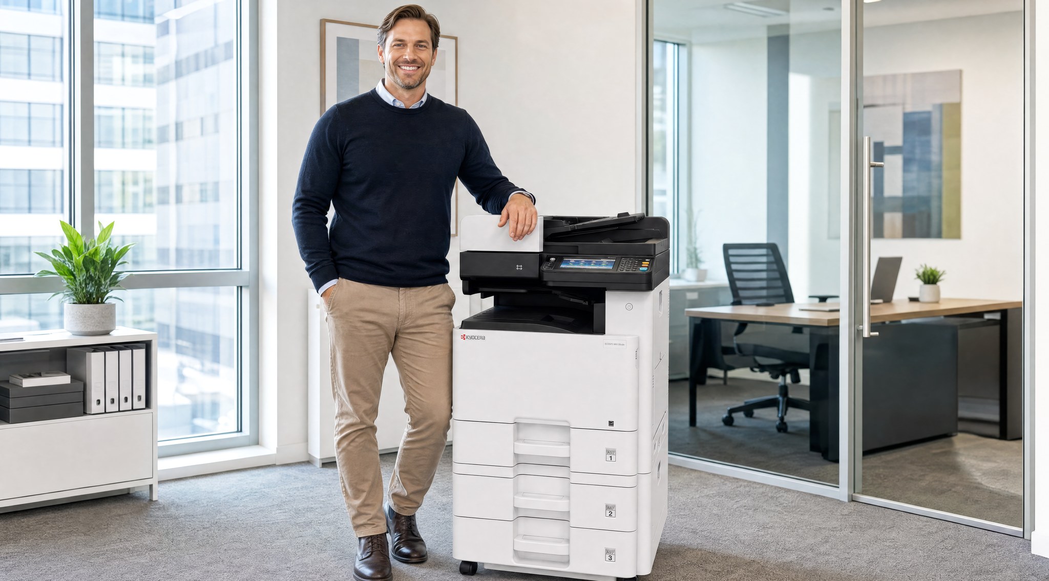 A happy Australian business professional standing beside a Kyocera multifunction printer in a bright Nerang office