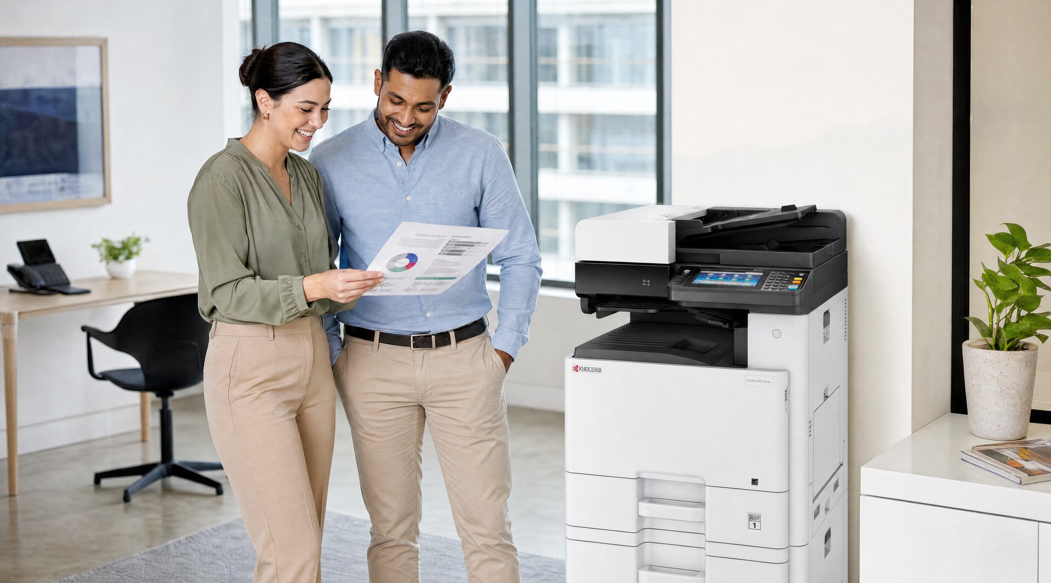 Two happy Australian colleagues reviewing a colour print together beside a Kyocera multifunction printer in a Nerang office