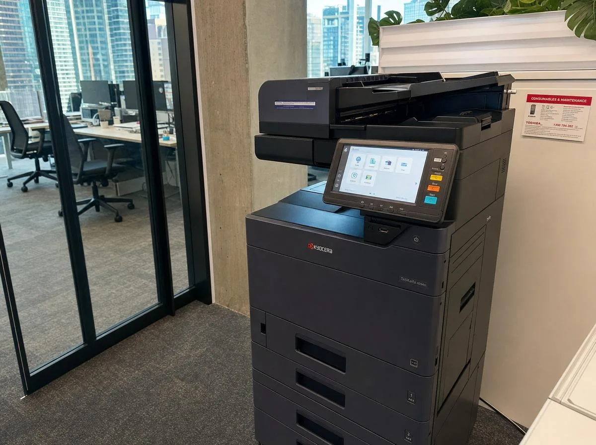 Australian office team printing and scanning under a managed print agreement with toner and servicing included