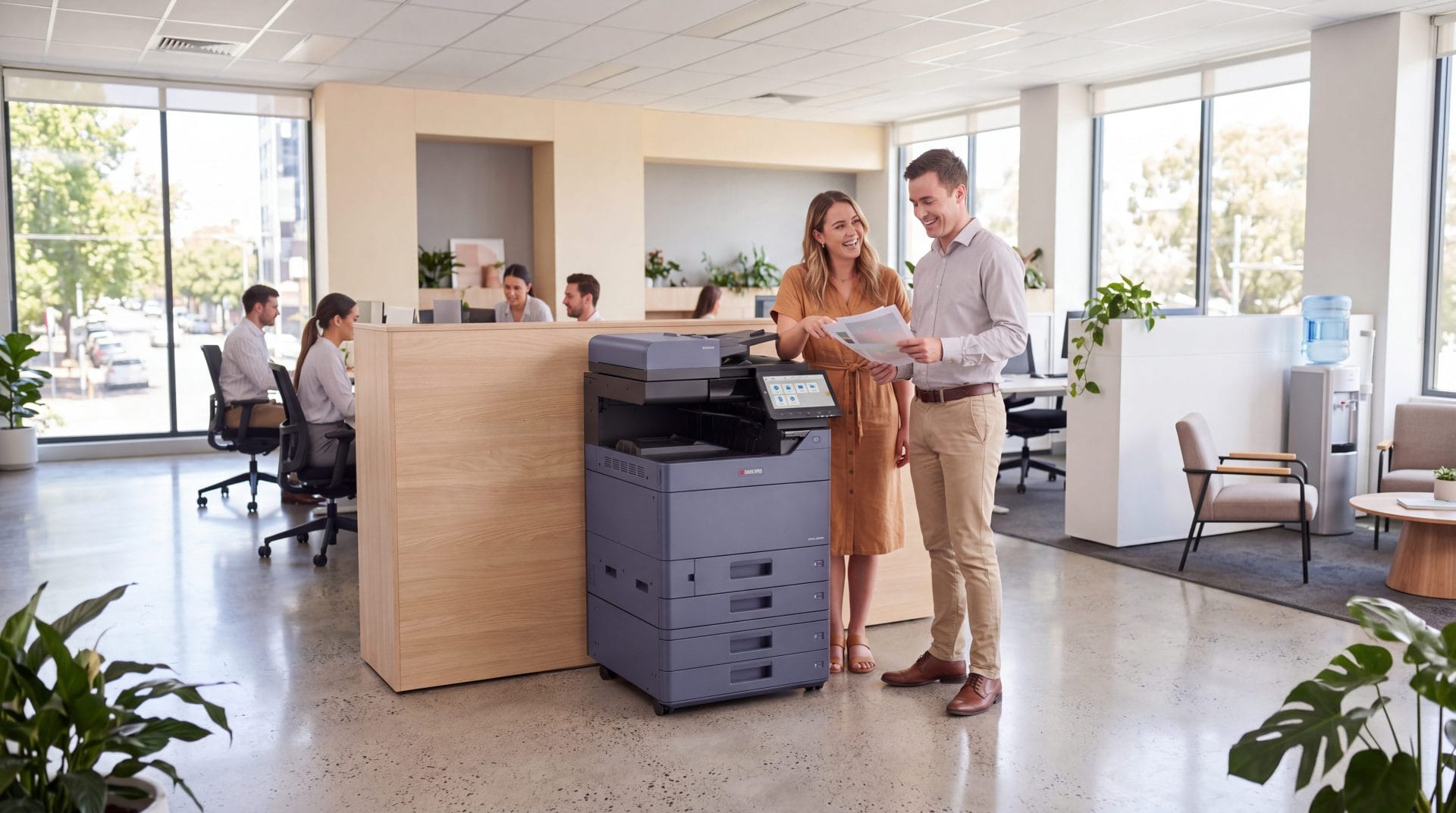 Two happy colleagues collecting a colour print from a Kyocera floor standing multifunction printer in an Australian office