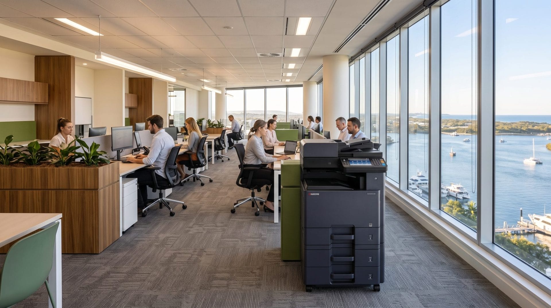 Kyocera multifunction printer in a busy modern Sunshine Coast office overlooking the Maroochydore riverside