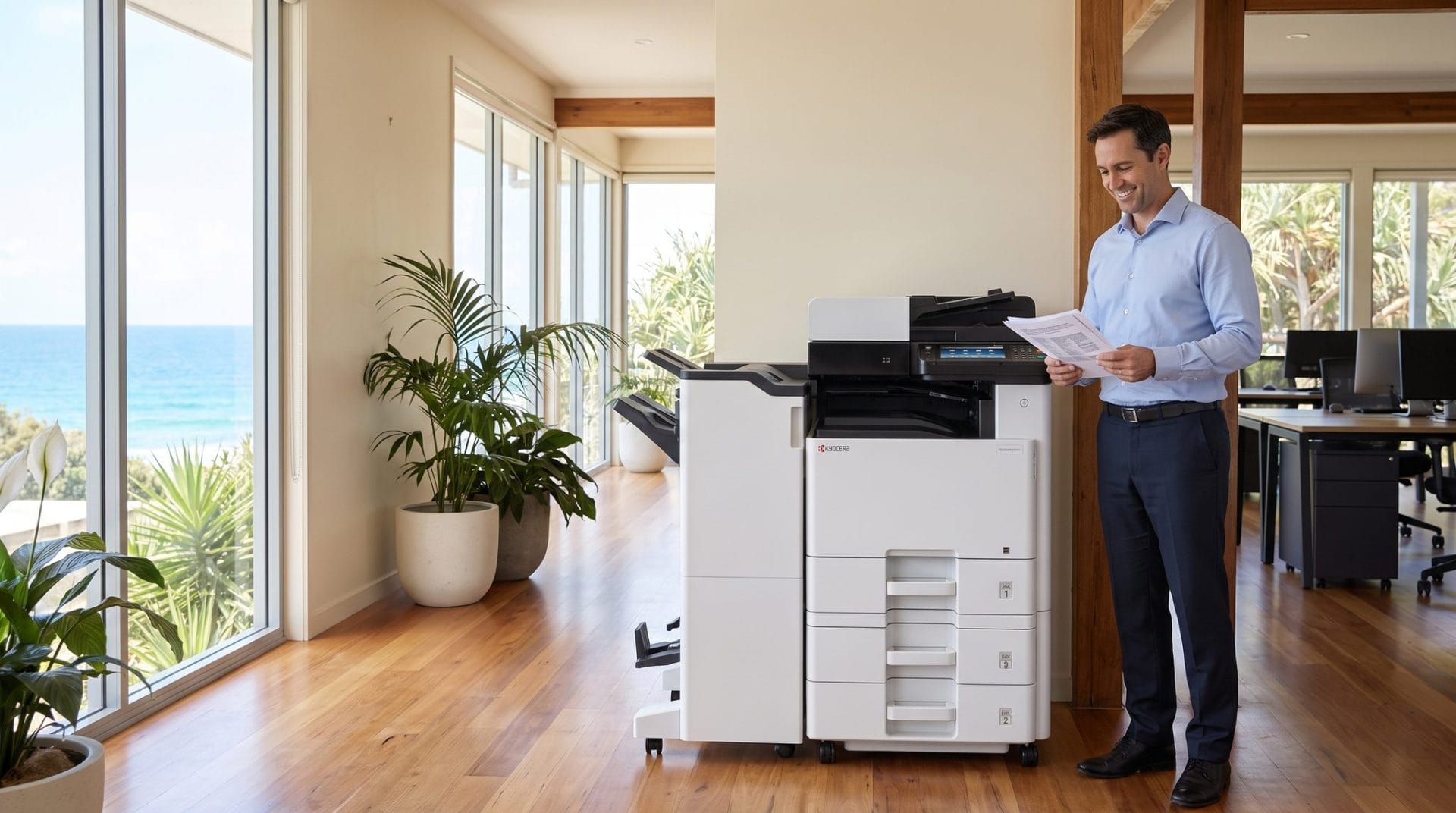 Business professional collecting documents from a Kyocera multifunction printer in a Sunshine Coast office