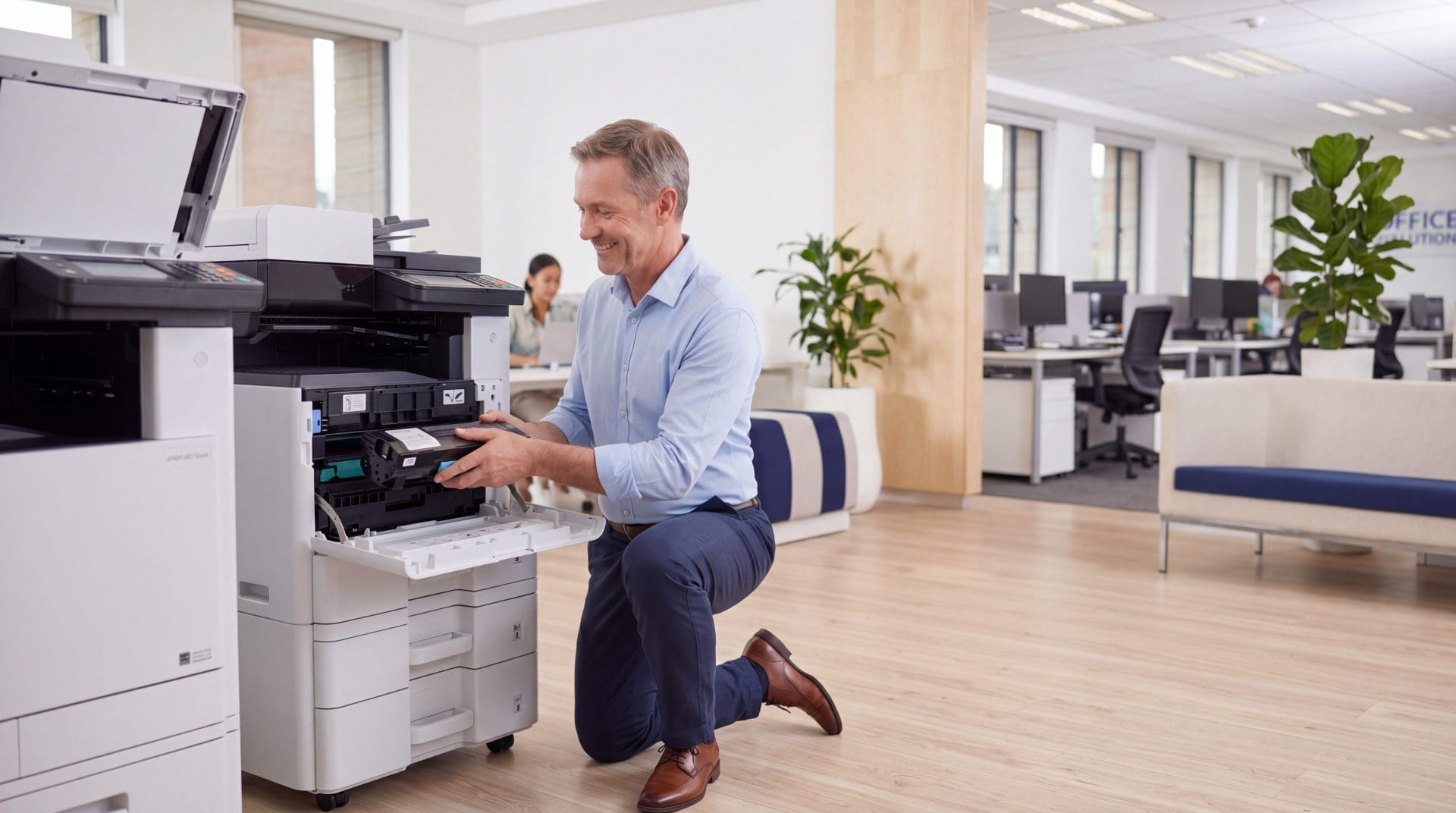 Smiling office worker sliding a new toner cartridge into a Kyocera multifunction printer with toner and servicing included