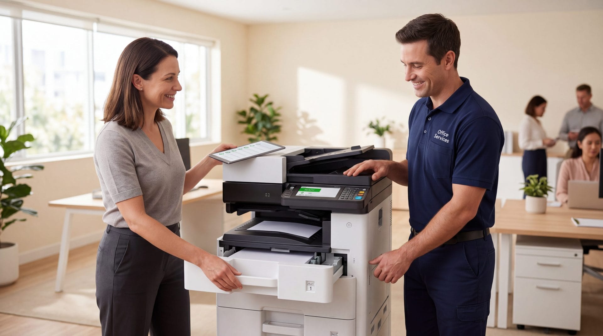 Office Services technician setting up a Kyocera multifunction printer while a smiling office manager looks on