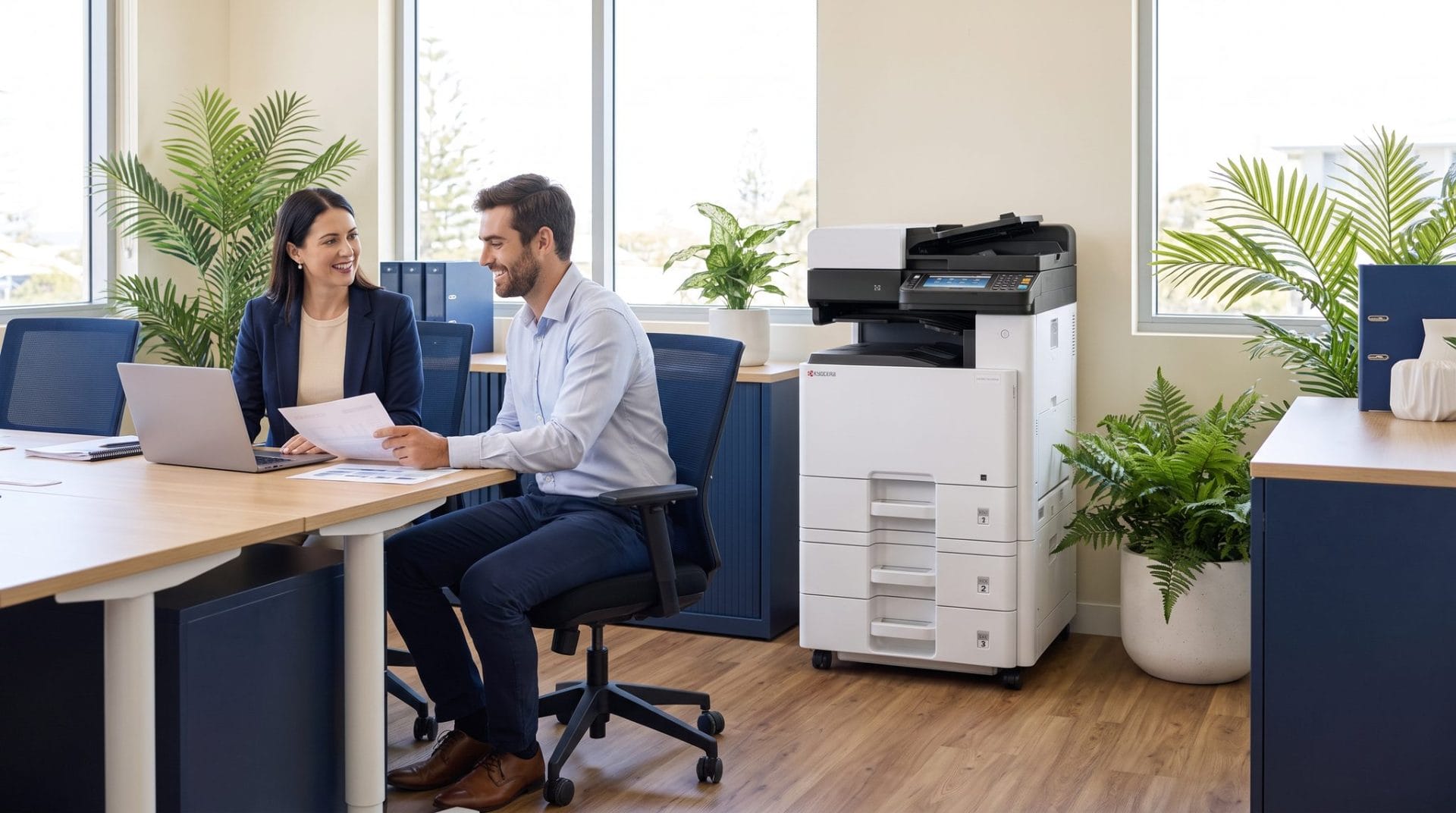 Business professionals reviewing printing costs beside a Kyocera copier