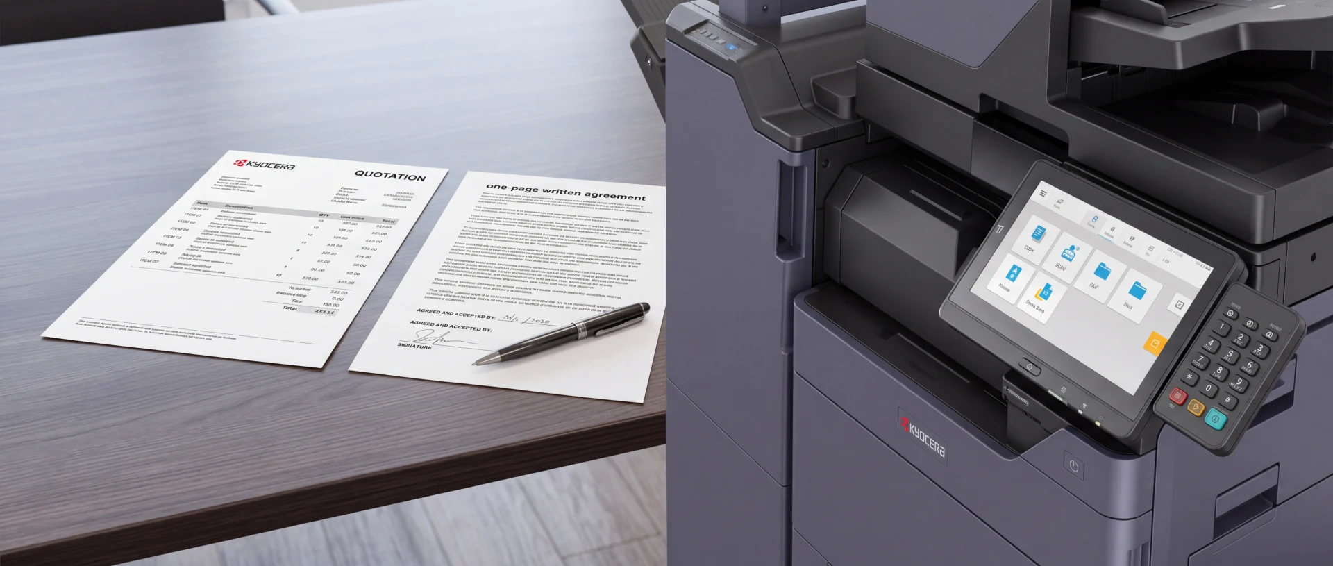 A printed quote and a written agreement on a desk beside a Kyocera multifunction printer control panel.