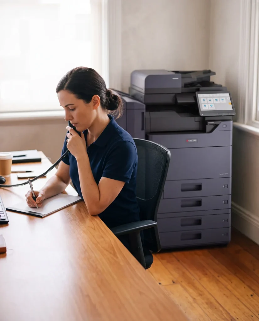 Global Document Solutions account manager on the phone at her desk, taking notes beside a leased Kyocera printer
