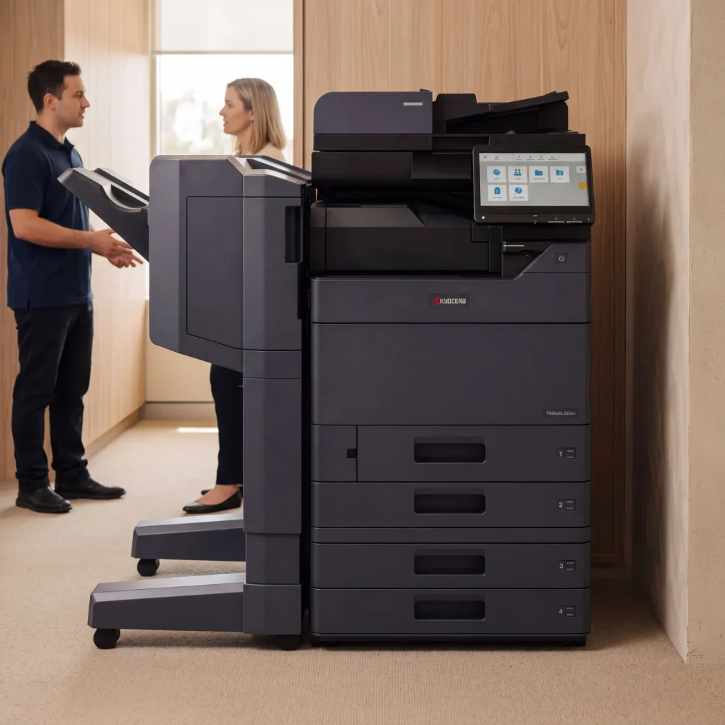 Global Document Solutions technician talking an office manager through a Kyocera TASKalfa 2554ci in her office