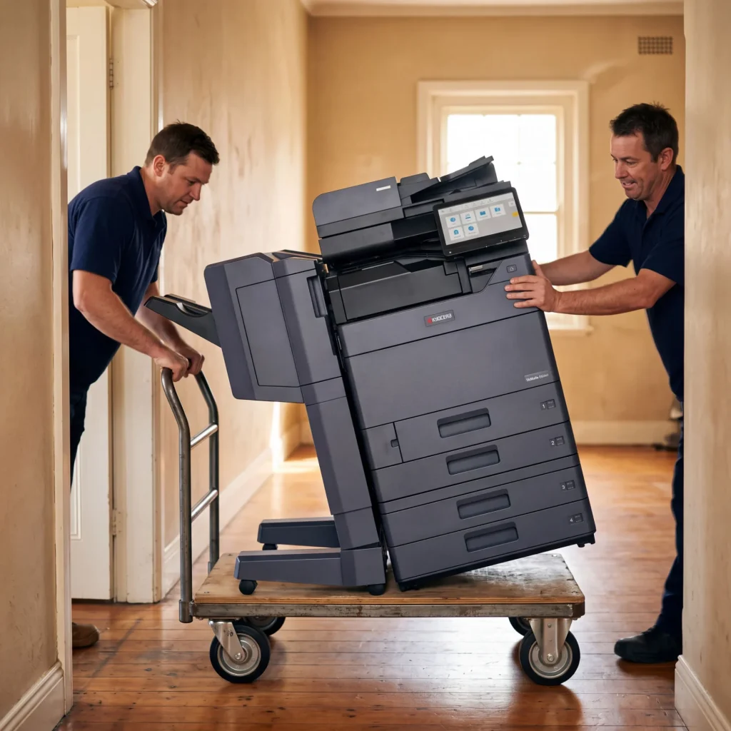 Two Global Document Solutions technicians wheeling a leased Kyocera TASKalfa 2554ci through an office doorway on a trolley