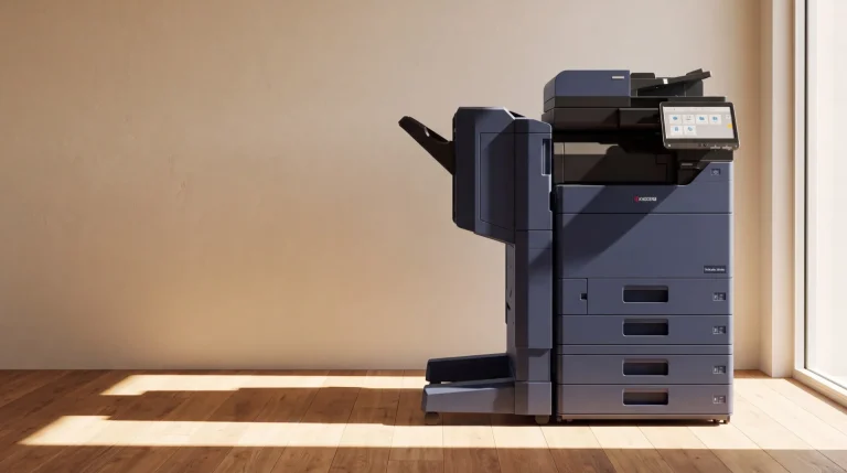 A Kyocera TASKalfa colour multifunction copier with a finisher, the kind a school office shares