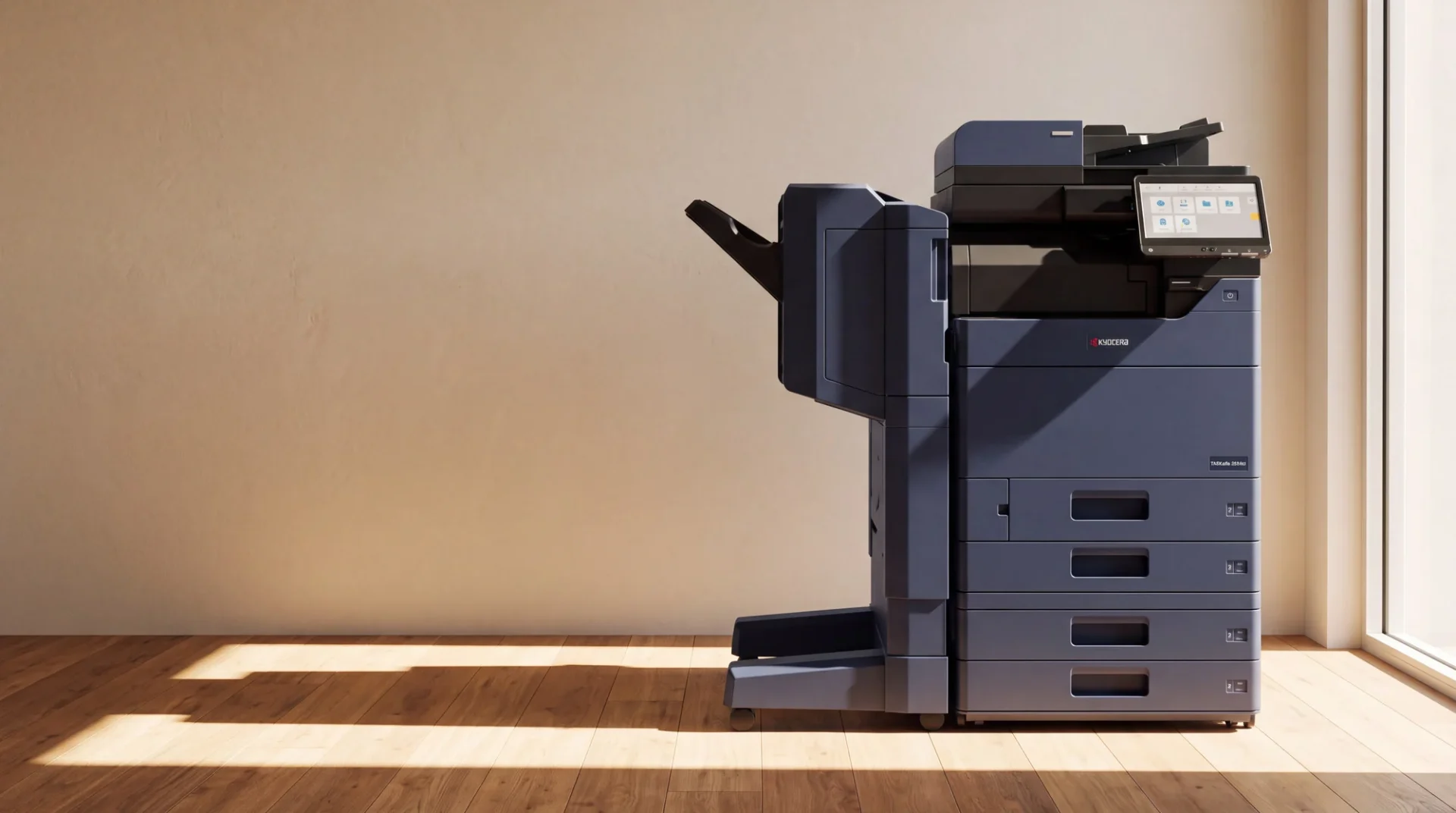 A Kyocera TASKalfa multifunction printer with a finisher on a timber floor in a bright office