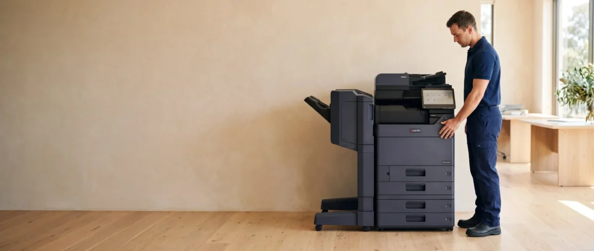 Global Document Solutions technician beside a leased Kyocera TASKalfa 2554ci multifunction printer in an Australian office