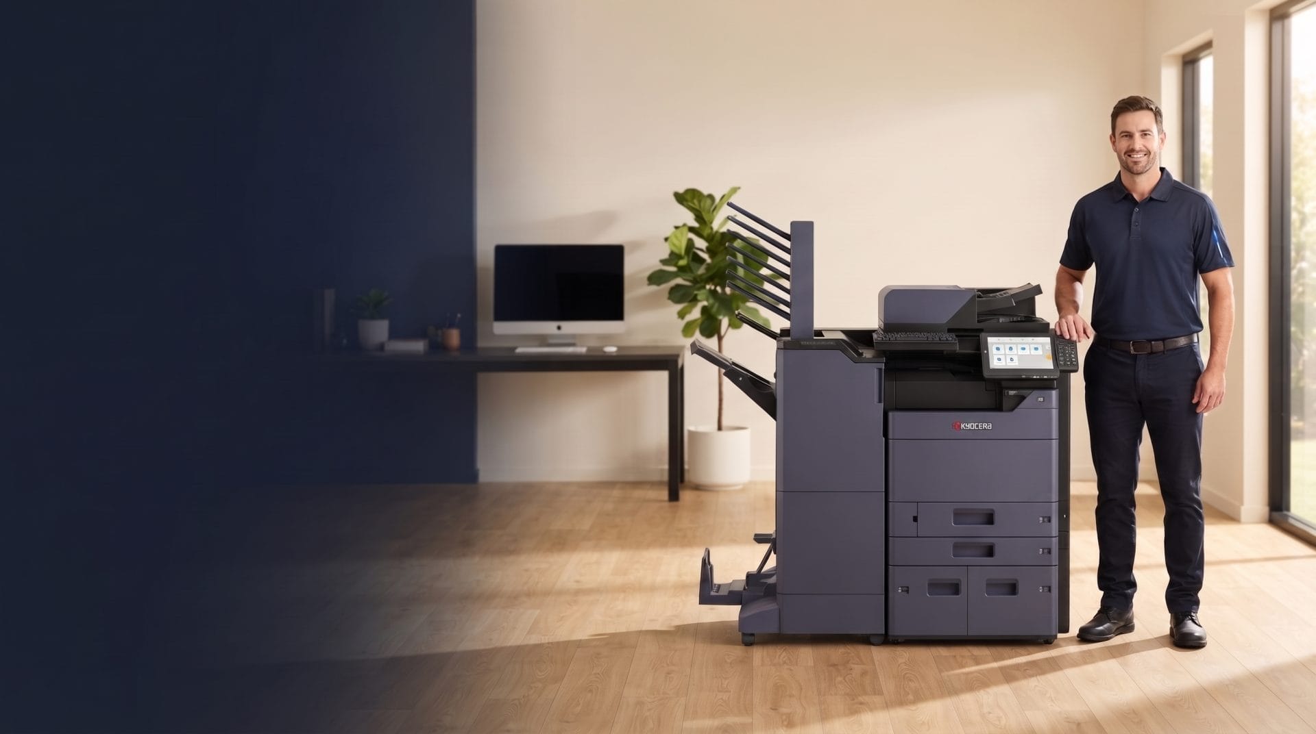 GDS technician in a navy polo standing beside a leased Kyocera multifunction printer in a modern law firm office with a navy feature wall