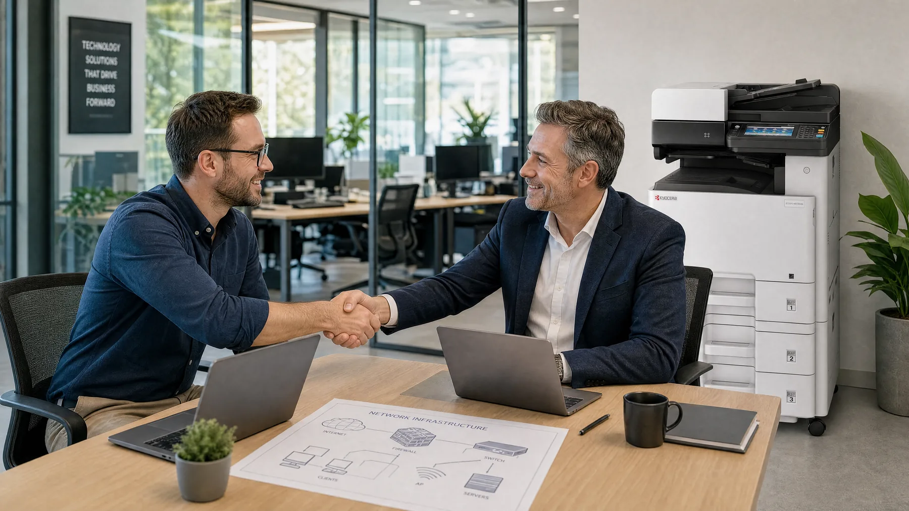 IT consultant and business owner shaking hands on a managed print partnership beside a Kyocera multifunction printer