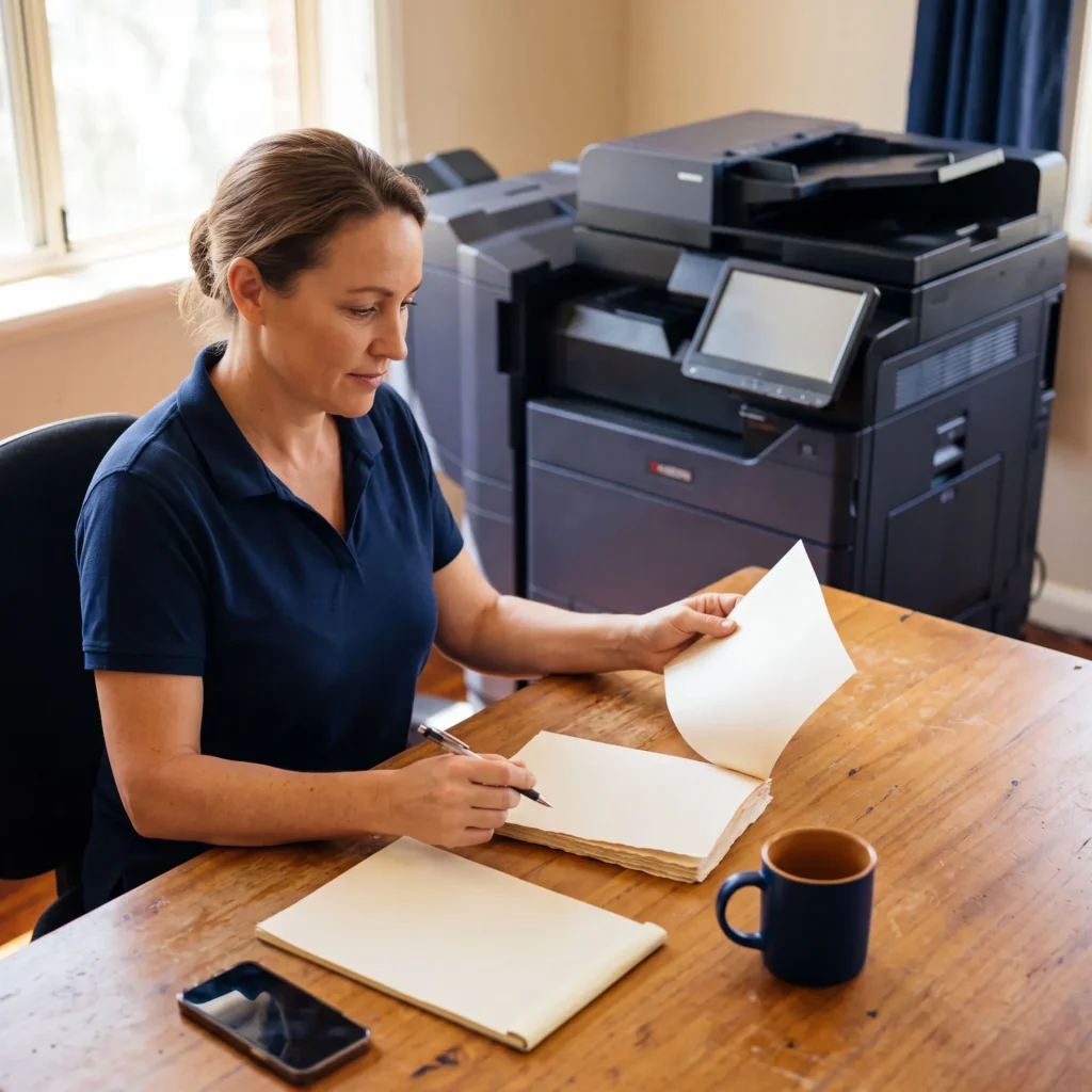 Office manager at a timber desk checking monthly print volumes beside a leased Kyocera multifunction printer
