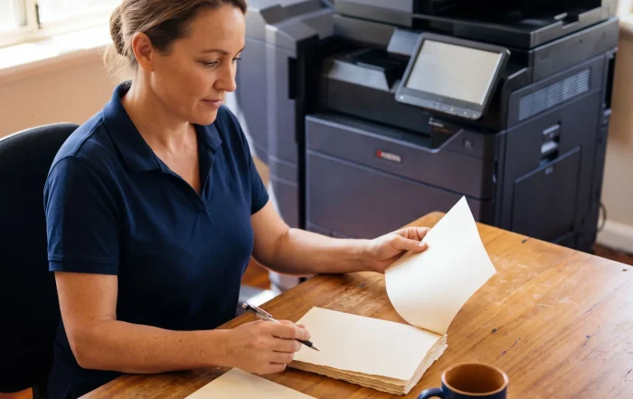 Office manager at a timber desk checking monthly print volumes beside a leased Kyocera multifunction printer