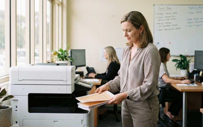 An office manager collecting freshly printed pages from a Kyocera multifunction printer in an Australian office