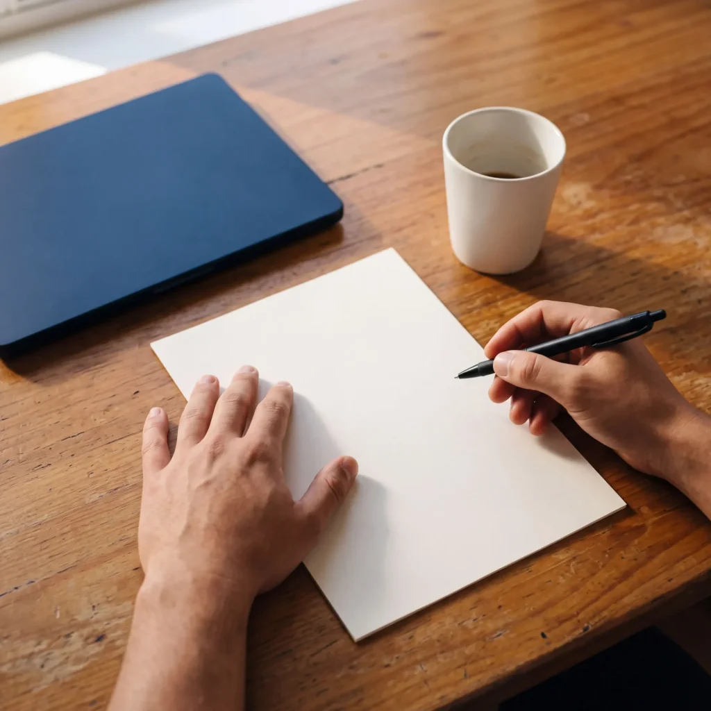 A single printed quote page on a timber desk with a pen and a coffee, ready to read before signing