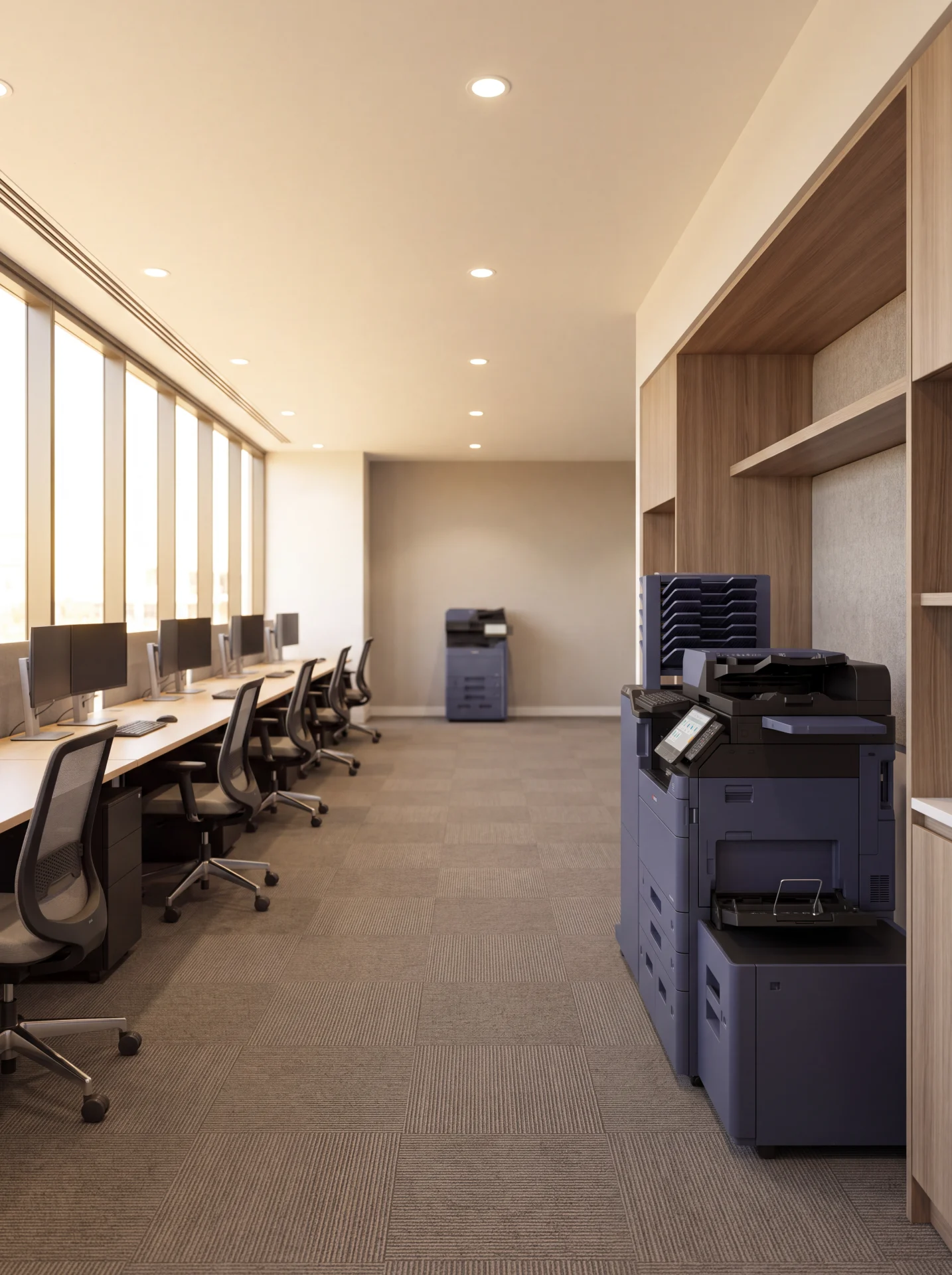 Two multifunction printers on the same open plan office floor, one in the foreground and one at the far end.