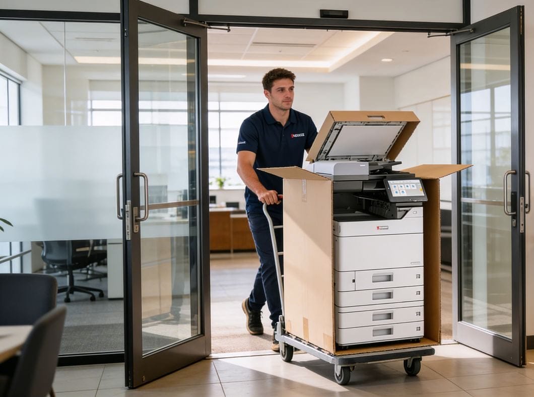 Technician delivering and setting up a multifunction printer in an Australian office