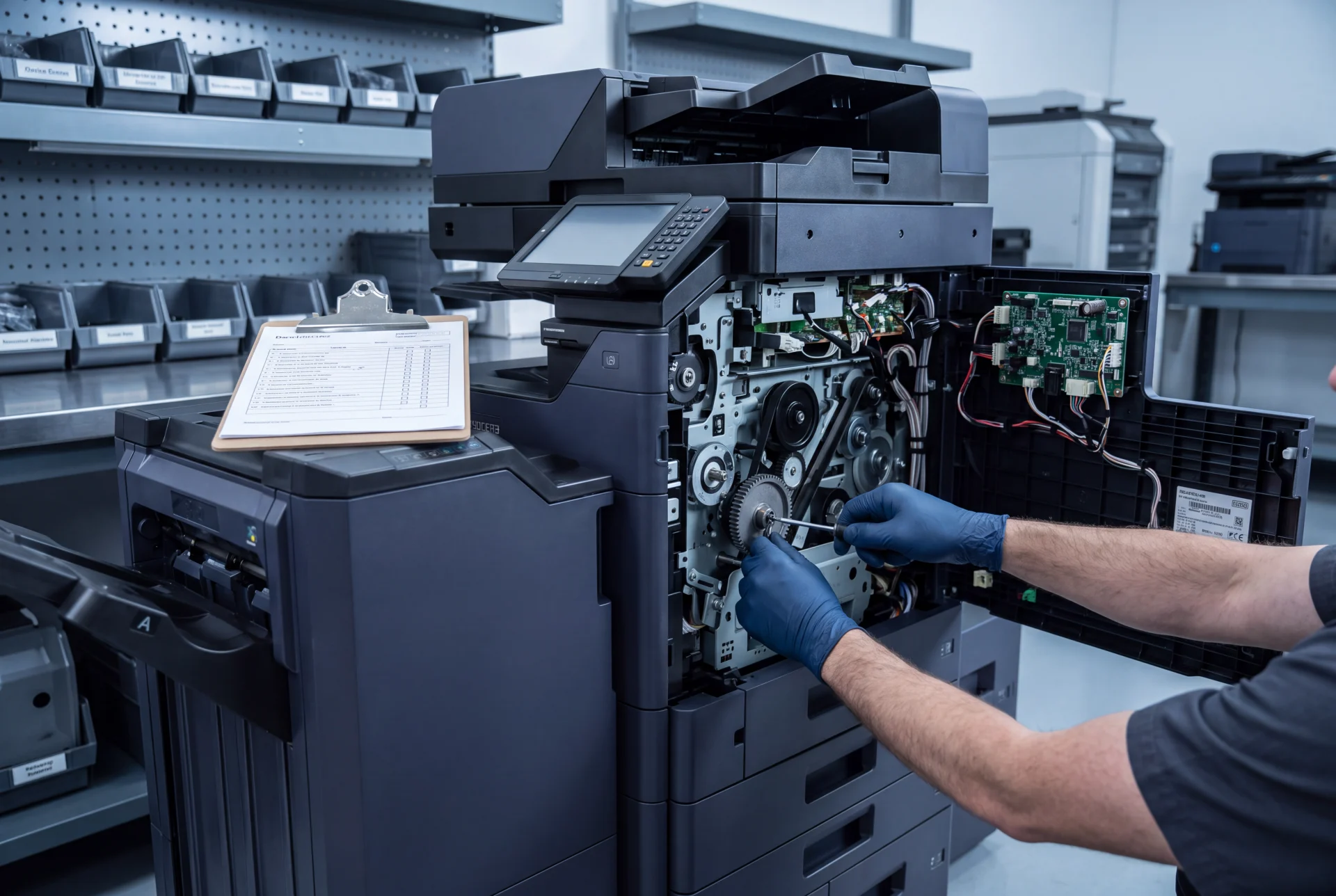 A technician working on a Kyocera multifunction printer in a service bay, with a checklist on the bench nearby.