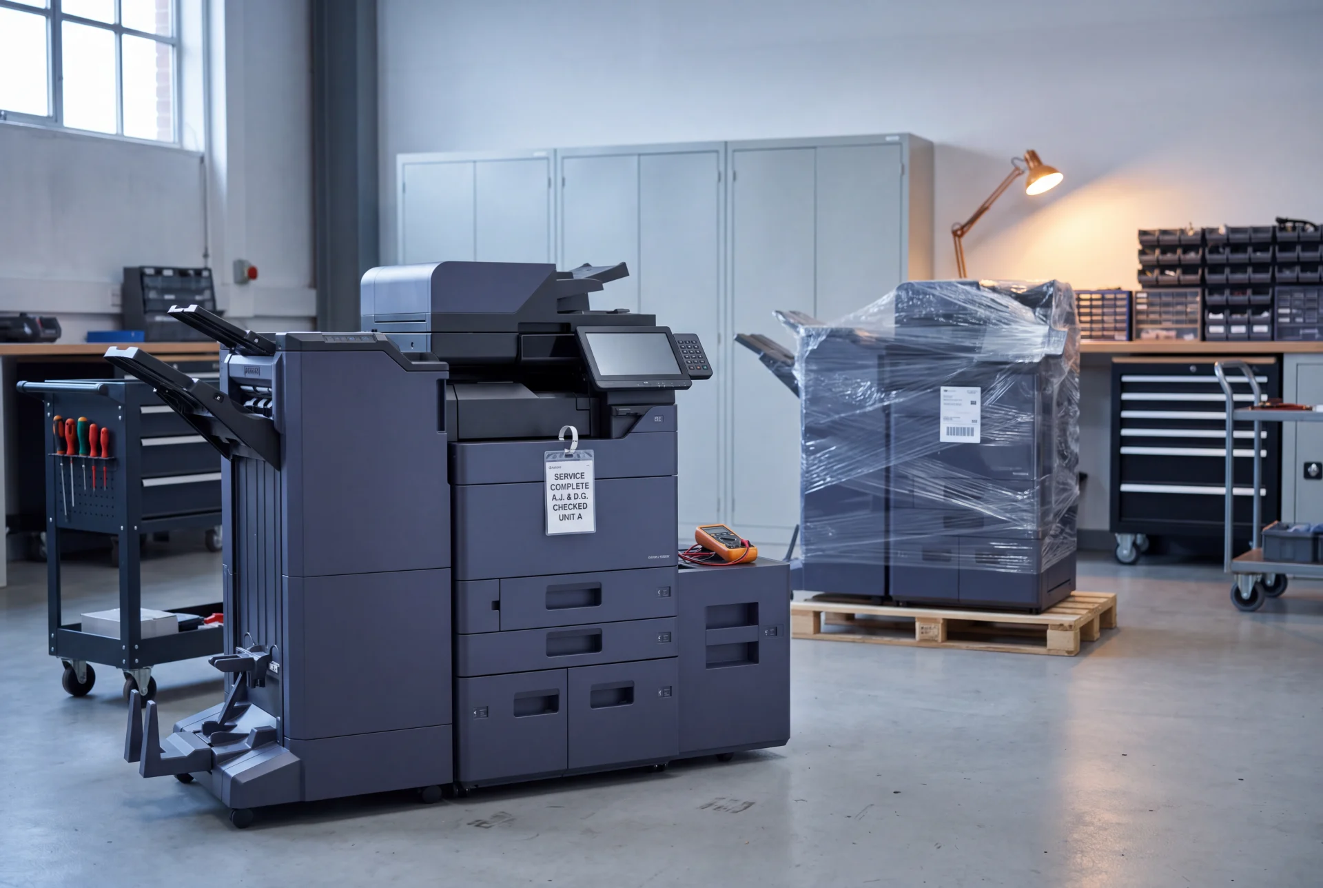 A Kyocera multifunction printer checked and tagged in a service bay, with a second machine ready for delivery behind it.