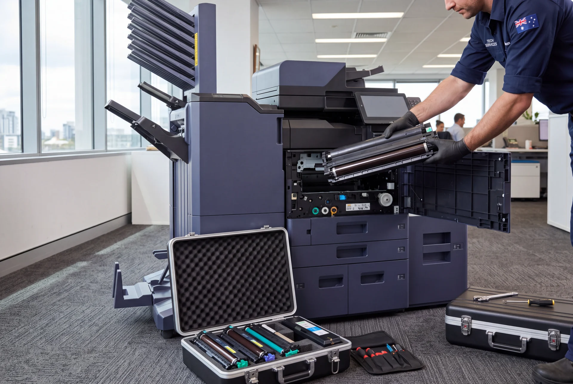 A technician replacing a drum unit in a Kyocera multifunction printer, with a parts case open on the floor beside it.