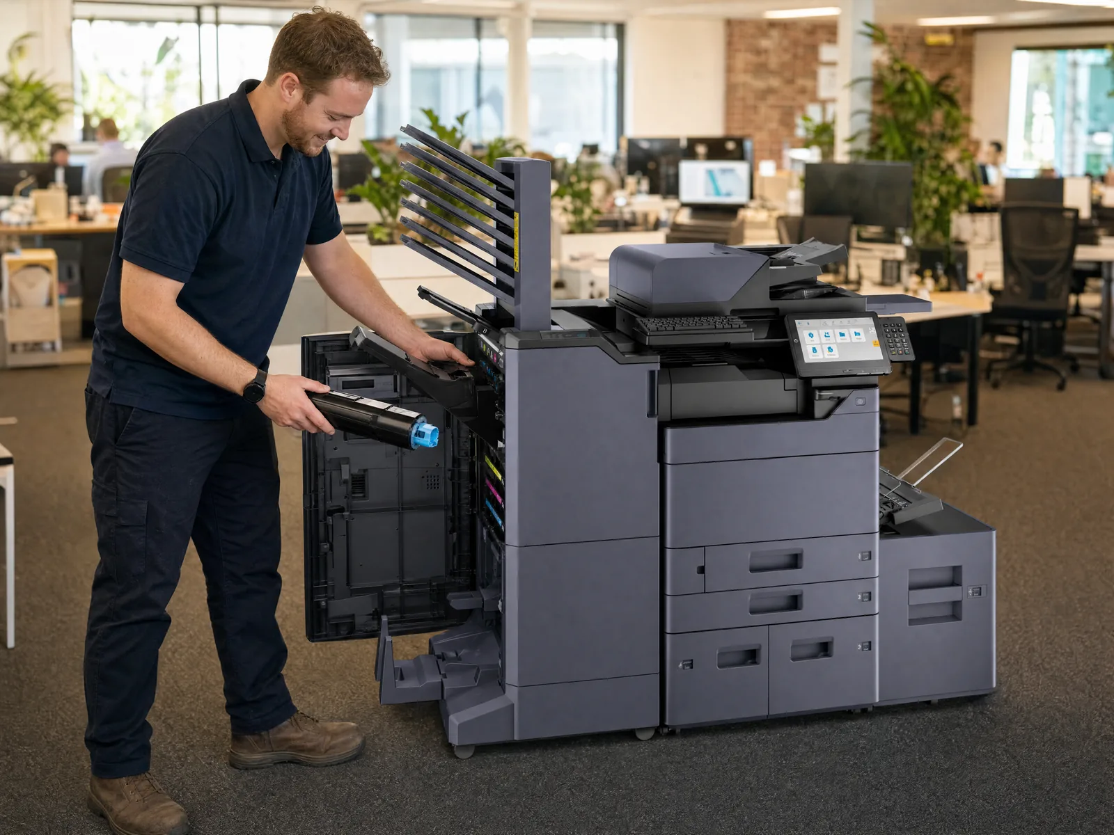A technician replacing toner on a Kyocera multifunction printer on rental in an Australian office