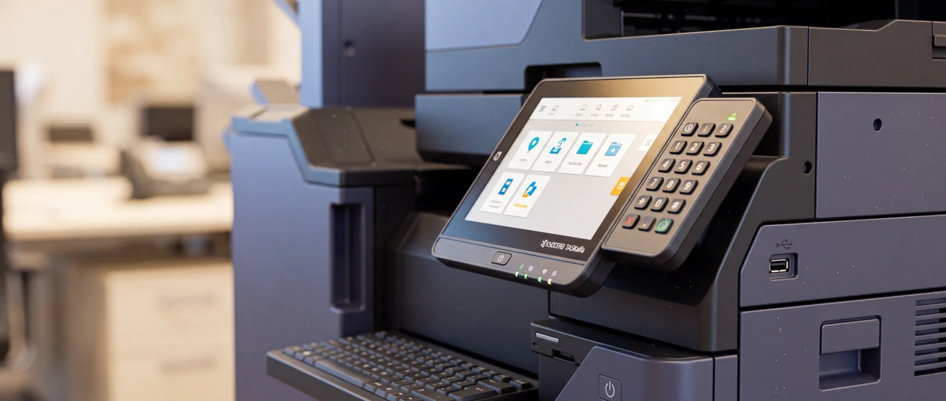 A close view of a Kyocera multifunction printer control panel and body, shown as network hardware.