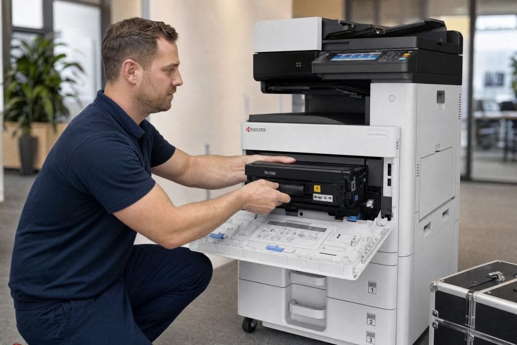 Technician fitting an included toner cartridge to a leased office printer