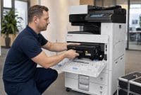 Technician fitting an included toner cartridge to a leased office printer