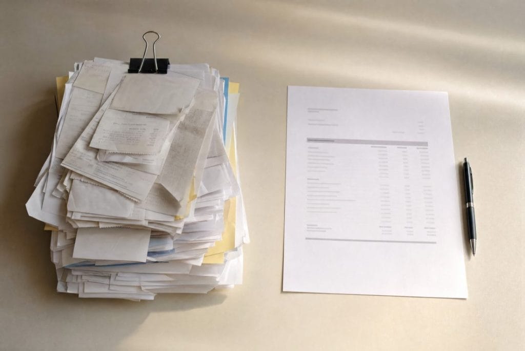 A thick untidy pile of paper invoices and statements on a desk