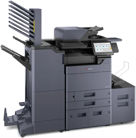 Large multifunction printer with finishing trays and a high capacity side feeder