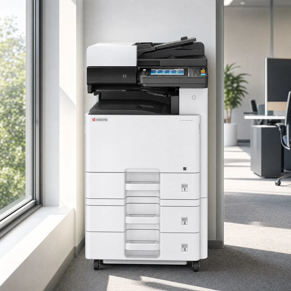 Kyocera colour multifunction printer standing beside a window in a modern office