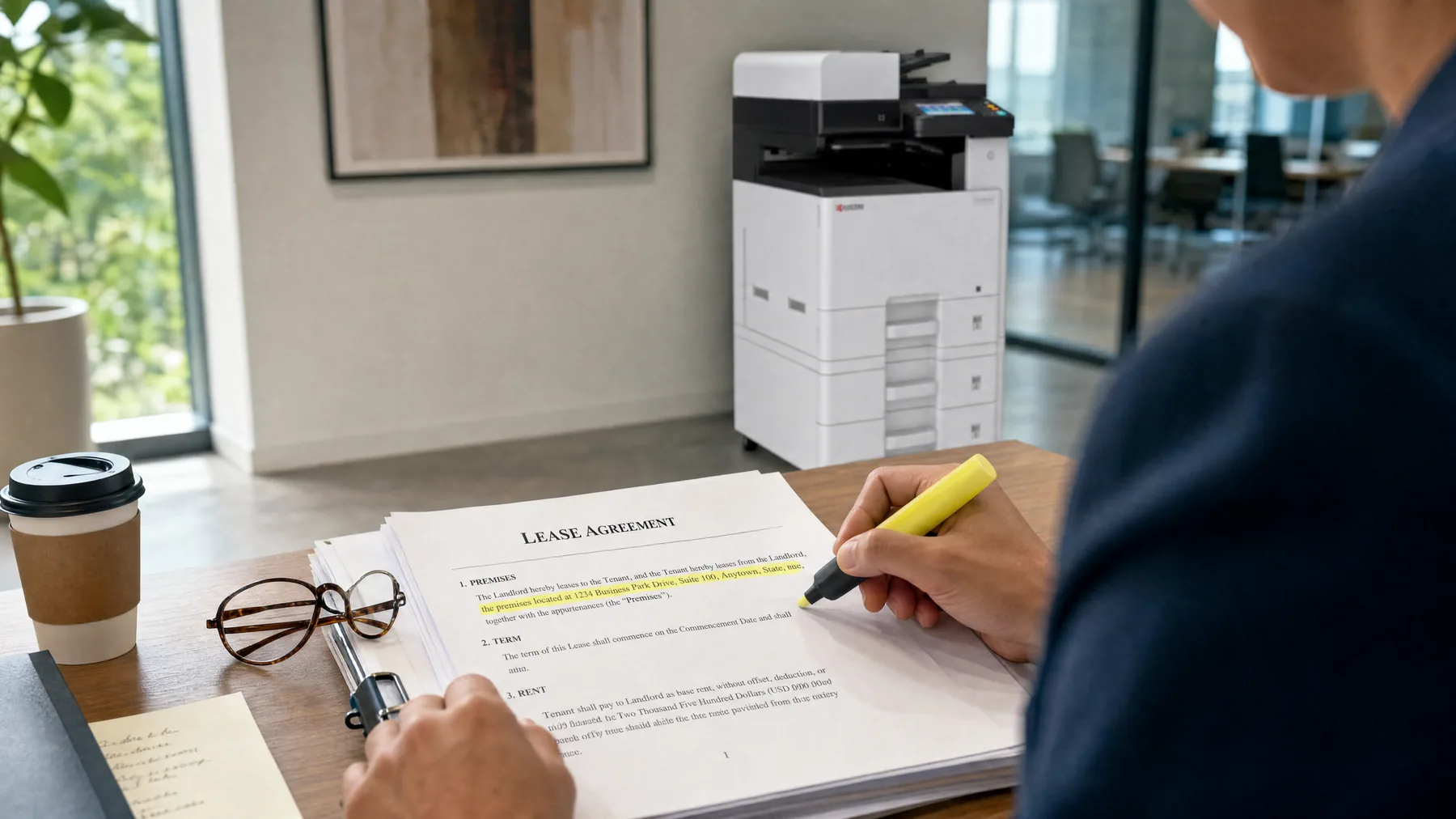 Business owner highlighting the auto renewal clause in a printer lease agreement with a Kyocera multifunction printer behind the desk
