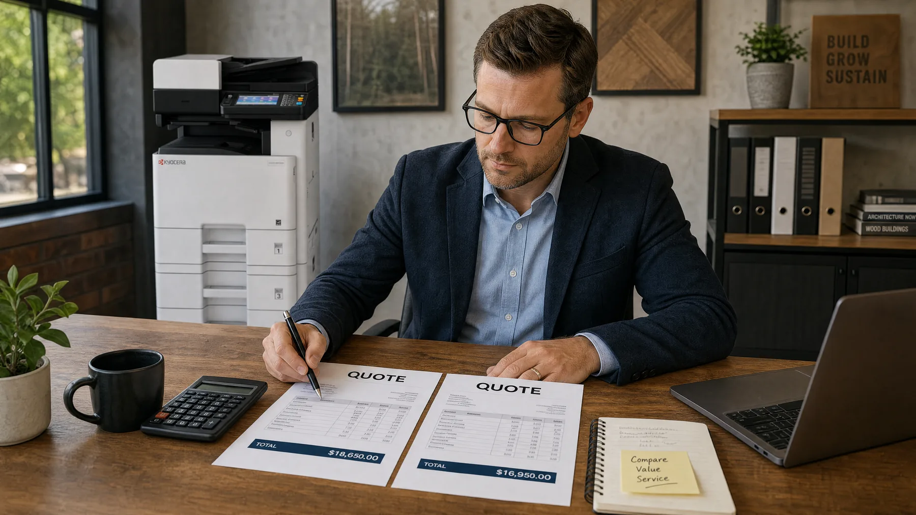 Business owner comparing two printer lease quotes side by side with a Kyocera multifunction printer standing behind him