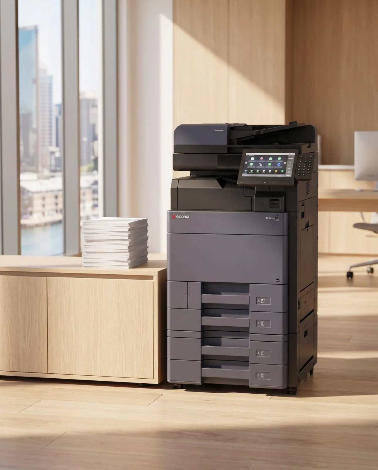 Floor standing multifunction printer with four paper drawers in a Sydney office