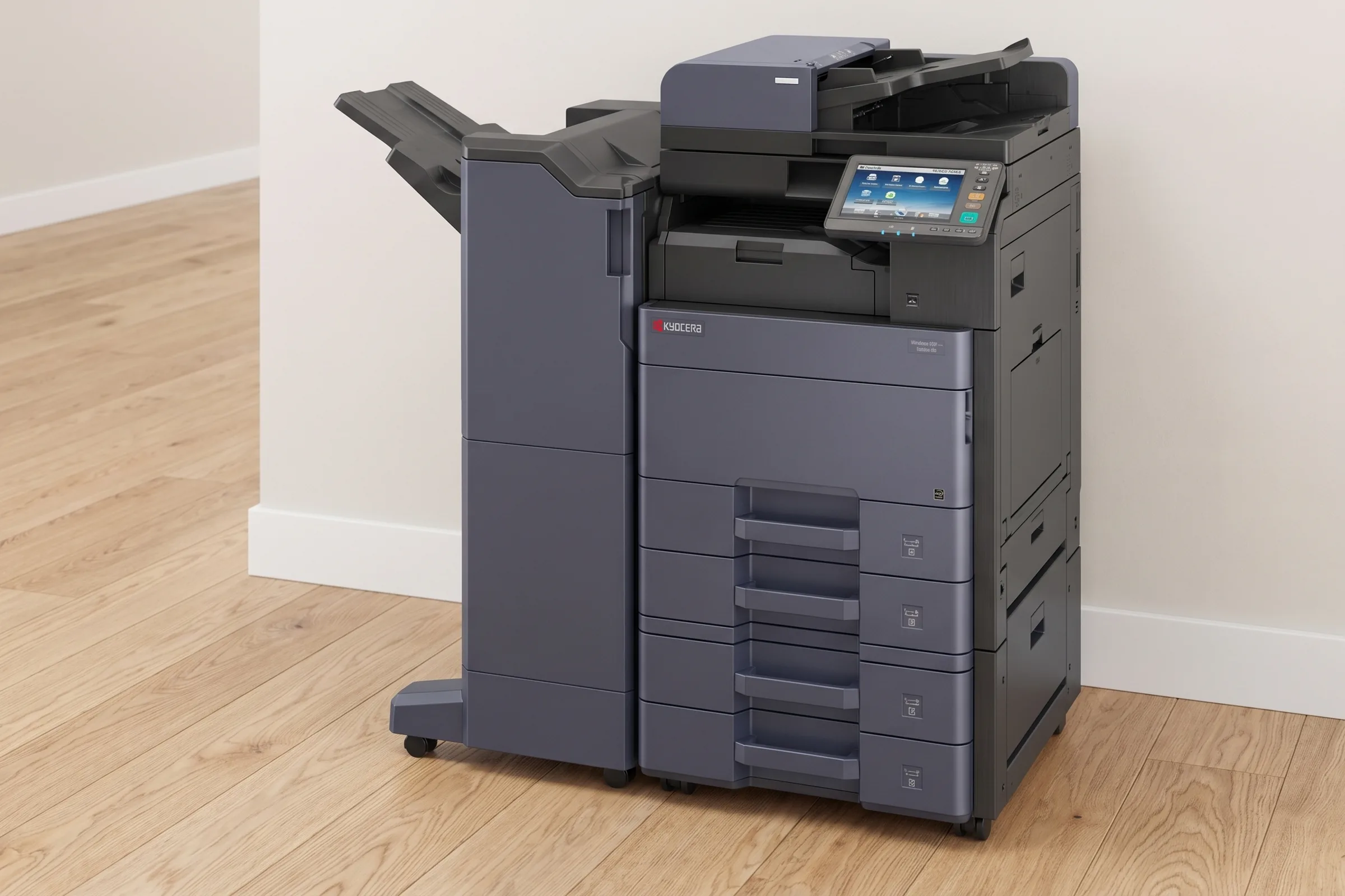 Kyocera multifunction photocopier with a finisher and side paper deck installed in an Australian office