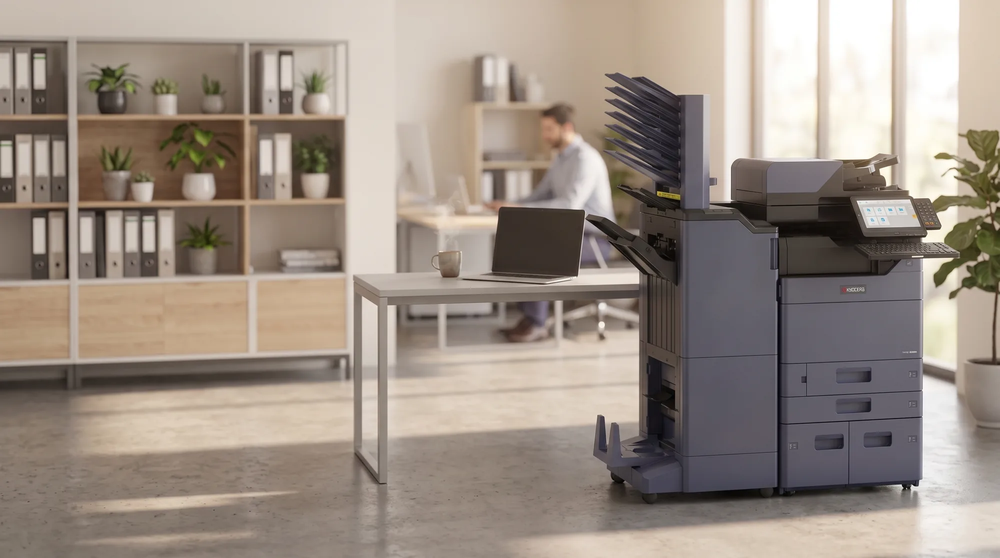 A Kyocera laser multifunction printer in a bright office with a person working at a desk behind it